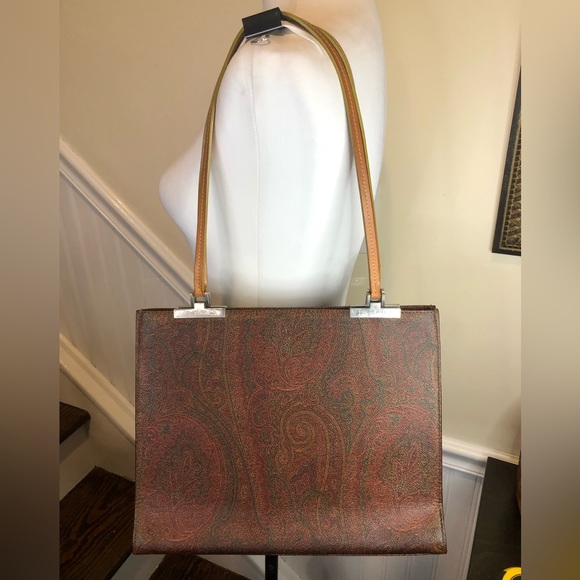 W ETRO Red Paisley Vachetta Leather Two Strap Snap Tote Shopper Shoulder Bag - Picture 4 of 17